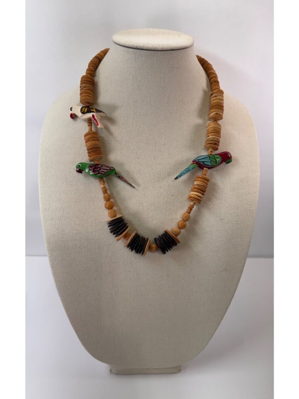 Vintage Hand Carved Parrot Bird Necklace Wood Nut Bead Folk Art Statement 25”
